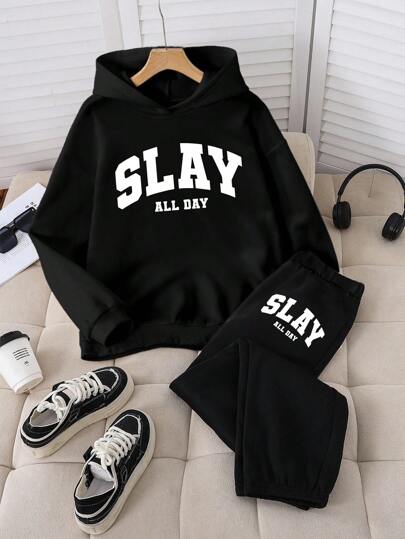 SHEIN 2 件套青少年女孩黑色连帽衫和弹性袖口针织裤休闲创意字母图案印花服装