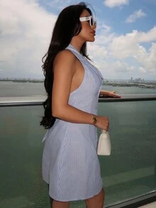 Durrani Popal 女士条纹印花无袖连衣裙亚麻条纹连衣裙秋季女装老钱风教师装商务女装教师服通勤简约办公室老钱简约纯棉