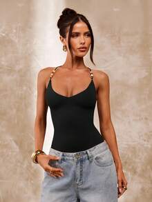 SHEIN BAE 棕色串珠细肩带女式紧身衣，夏季紧身性感复古吊带紧身衣，海滩度假吊带背心，串珠吊带背心 - 黑色 - 查看 5