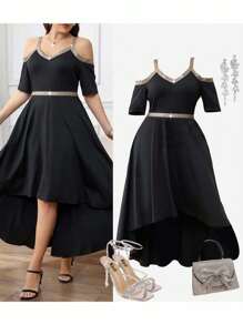 Ellevyn Robe d'été élégante minimaliste à épaules dénudées avec ruban en grande taille