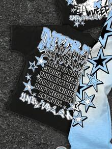 SHEIN Bolty Tween Boy Casual Classic Cool Character Portrait & Text Print Crew Neck T-Shirt, Star Print Flare Pants 2 Pieces Set, Suitable For Summer