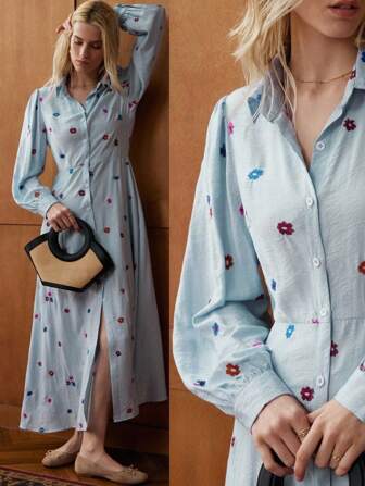 Écloséra 优雅法式复古刺绣衬衫裙，长袖，多色，春秋