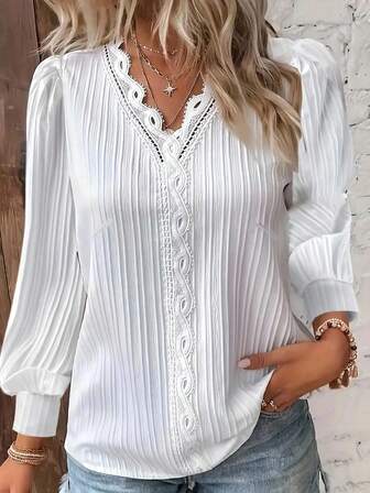 Blouse femme grande taille à col V en dentelle contrastée