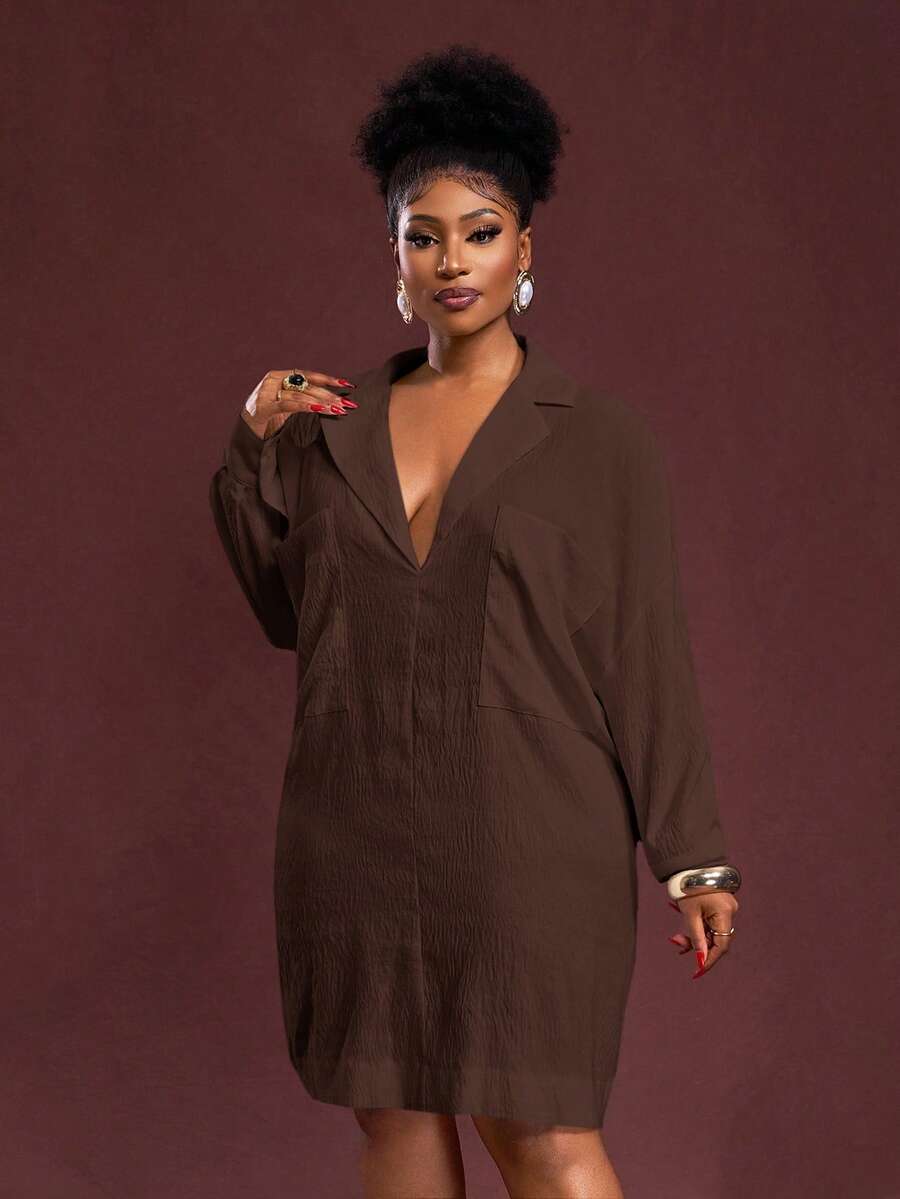 Slaydiva Đầm dài tay dáng rộng, màu trơn, cỡ lớn, kiểu dáng thường ngày. - màu nâu - Xem 1