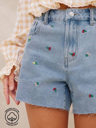 WESTFADE Summer Floral Embroidered High Rise Relaxed Fit Raw Hem Denim Jean Shorts Spring Break Vacation