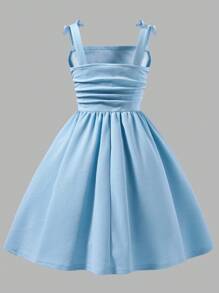 Elladie kids Elegant Solid Color Ruffle Strap Dress With Bow Decor For Tween Girls, Suitable For Outings, Parties And Events, Spring/Summer - Blue - View 2