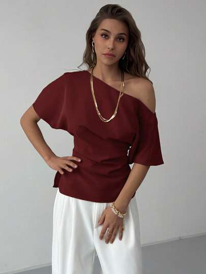 Aloruh New Apricot Versatile Minimalist Commuter Asymmetric Batwing Sleeve Asymmetrical Pleated Cinched Waist Fitted Pullover Blouse,Elegant Women's Blouses Red Top