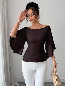 Elenzga Women's Solid Color Boat Neck Flare Sleeve Knit Fashion T-Shirt - Coffee Brown - View 5