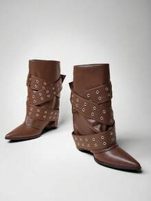 SHUZIA Women Buckle Decor Sexy Point Toe Chunky Heel Chic Mid-Calf Boots - Chocolate Brown - View 5