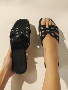 SHUZIA 女士玉米造型裝飾休閒平底涼鞋，適合日常外出 - 黑色 - 查看 1