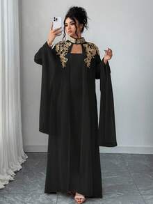 Cravure Plus Size Women's Embellished Long Sleeve Robe And Dress Elegant 2 Pieces Set Fall Cloth For Women