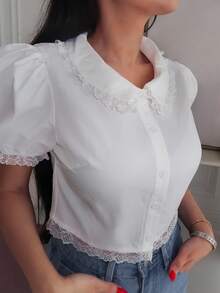 Durrani Popal Lace Trim Puff Sleeve Crop Blouse,Short Sleeve Tops - White - View 3