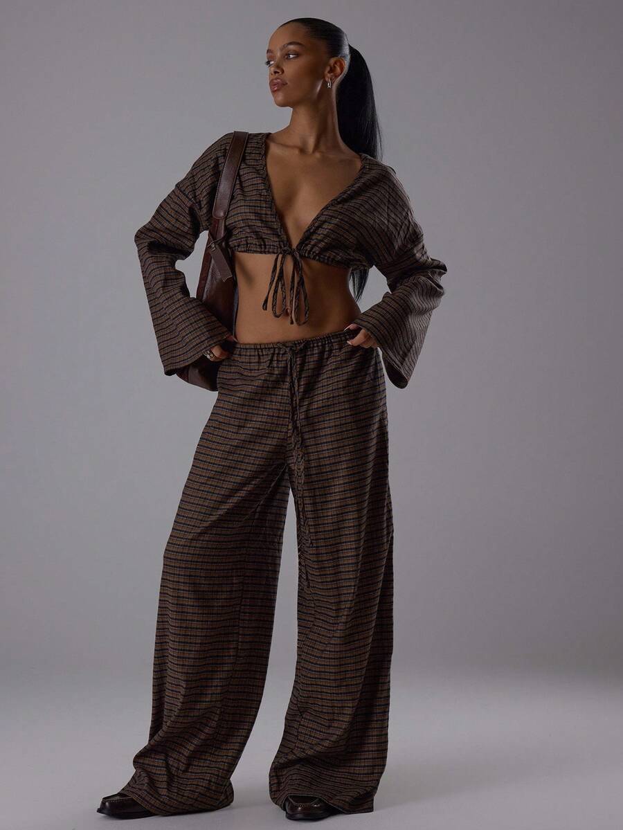 MUSERA Conjunto de ropa de top corto extremo y pantalones con cordón, elegante estilo bohemio para vacaciones, en tonos apagados, ideal para otoño, invierno y primavera, para citas - Marrón - Ver 1