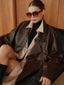 SHEIN Unity 女士宽松休闲宽翻领时尚 PU 皮夹克