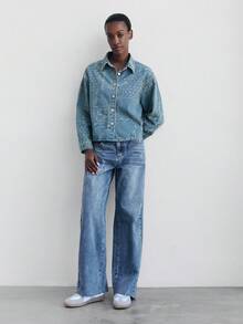 Maija 女式休闲腰果图案长袖单排扣牛仔夹克 - 中等水洗藍 - 查看 3