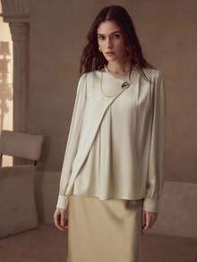 MOTF PREMIUM CHAIN DETAIL FRENCH LOOSE FORMAL LONG SLEEVE BLOUSE - Khaki - View 4