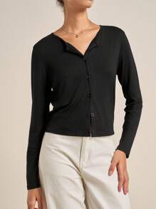 Airaco Áo len cardigan dài tay màu đen cài nút phía trước thoải mái, đa năng dành cho nữ - màu đen - Xem 1