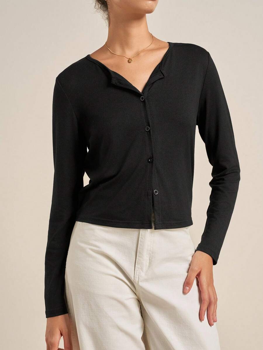 Airaco Áo len cardigan dài tay màu đen cài nút phía trước thoải mái, đa năng dành cho nữ - màu đen - Xem 1