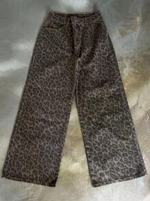 Livesso 女士时尚豹纹宽松休闲牛仔裤 - 棕色 - 查看 6