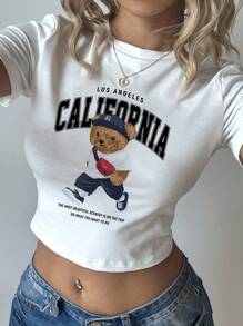 SHEIN EZwear Casual Minimalist California Collegiate Bear Graphic Round Neck Short Sleeve Crop Top Tee For Women Back To School