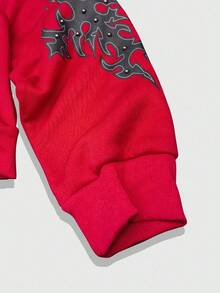 ROMWE MEN Street Life Men's Retro Printed Studded Decor Hoodie Sweatshirt , Fall Winter - Red - View 3