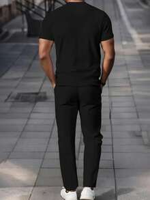 Manfinity Homme Bộ quần áo thun tay ngắn trơn màu thường ngày cho nam, mùa hè - màu đen - Xem 2