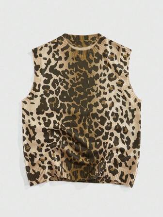 Street Life Men's Leopard Print Round Neck Casual Loose Knitted Vest , Fall Winter
