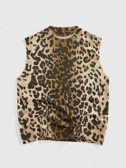 Street Life Herren Leopard Muster Rundhals Lässig Loose Strickweste, Herbst Winter