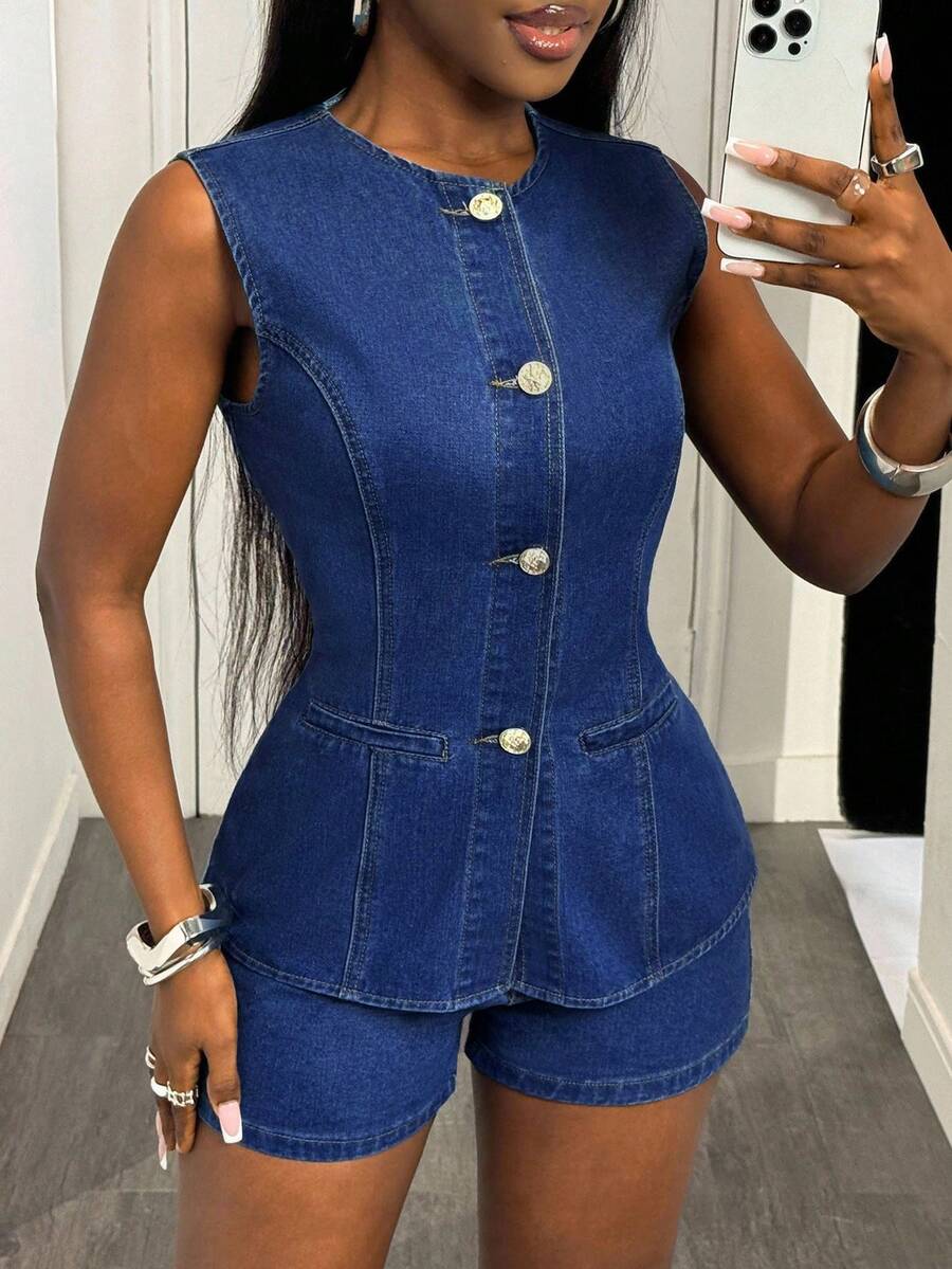 Slaydiva 女士夏季圆领单排扣牛仔背心和短裤休闲套装 - 深色水洗藍 - 查看 1