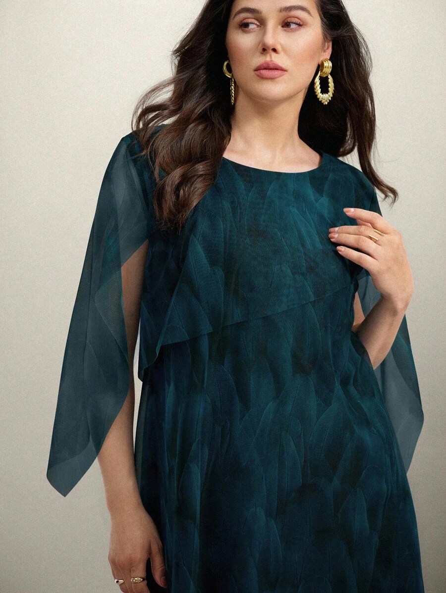 SHEIN Clasi Váy nữ cỡ lớn in họa tiết hoa lưới xanh lam thanh lịch, trang phục mùa hè cho nữ, váy mùa hè cho nữ, váy kín đáo cho nữ, trang phục mùa hè - Màu xanh bụi bặm - Xem 1