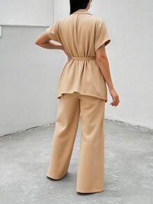 Vacation Casual Solid Color Batwing Sleeve Shirt And Pants Set - Beige - View 2