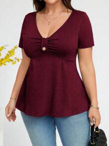 Rometta Plus Size Plain V-Neck Ruffle Hem Short Sleeve Casual T-Shirt, Summer, For Thanksgiving