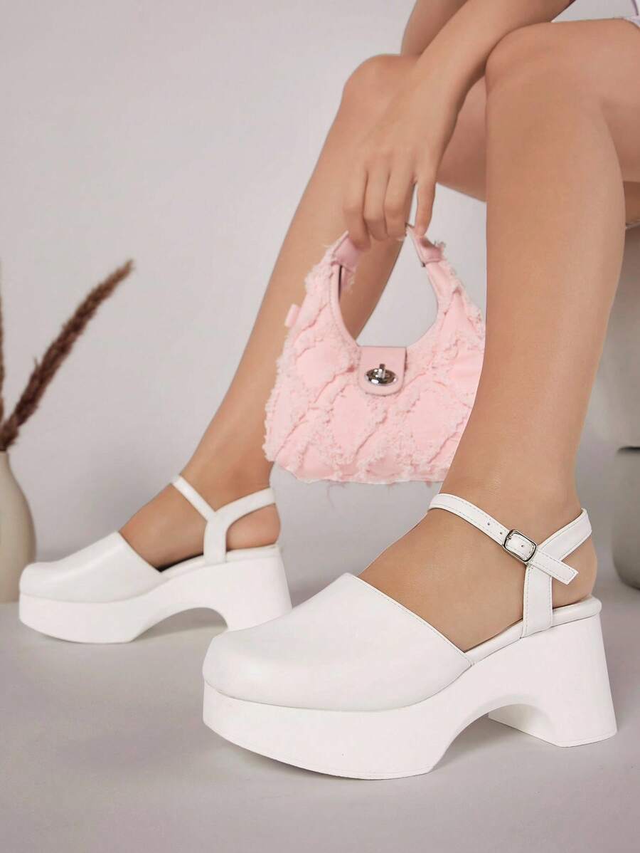 純素皮革踝帶防水台洞洞鞋 - 白色 - 查看 1