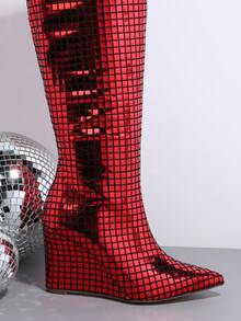 SHUZIA de color metálico de punta Cuñas Botas hasta la rodilla - Rojo - Ver 3