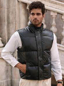HIMLAND Men's Casual Shiny Sleeveless Stand Collar Puffer Vest, Suitable For Winter, Fall - Black - View 4