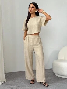 SHEIN PETITE Bộ 2 món/Bộ đồ nữ màu trơn xếp ly áo sơ mi và quần âu thường ngày, trang phục công sở thường ngày cho nữ, trang phục công sở cho nữ, trang phục giáo viên cho nữ, bộ đồ mặc nhà 2 món cho nữ, bộ đồ hai mảnh thường ngày - Màu be - Xem 9