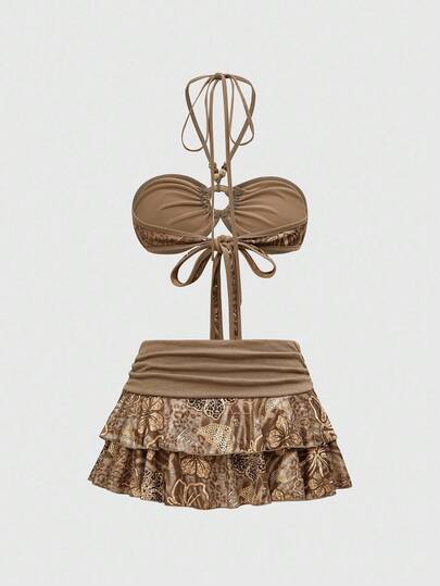 J-Fashion Ensemble 2 pièces pour femmes composé d'un Top en maille hawaïenne à strass avec contraste de couleurs et d'une mini-jupe à volants, style Y2K Babe Coconut Girl Vacation Beach