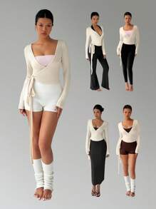 FavEase 粉色瑜伽运动裹身开衫，柔软有弹性的 V 领长袖短款修身 T 恤，时尚简约优雅百搭基本款设计，春秋季