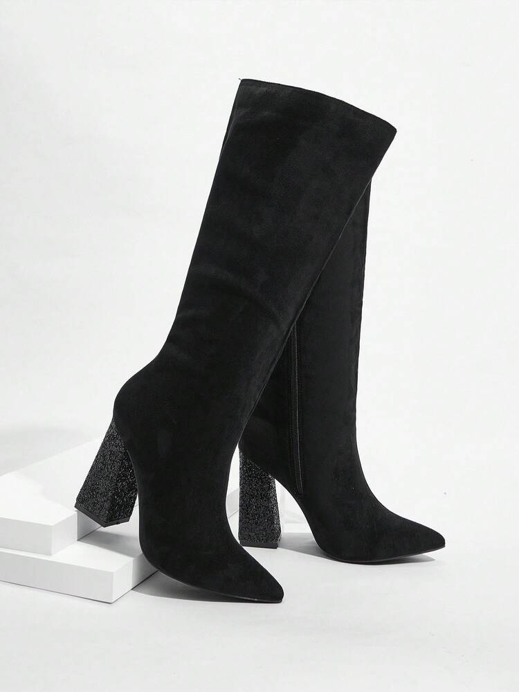 CUCCOO SZL Women's Fashion Black Pointed Toe Chunky Heel Glitter Knee-High Boots, Suitable For Commuting, Dates, Parties, And Formal Events