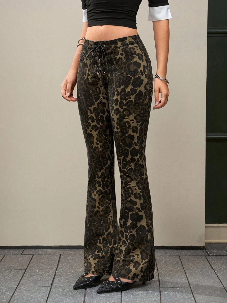 Jeanoix 女式复古豹纹低腰喇叭牛仔裤 - 卡其色 - 查看 1
