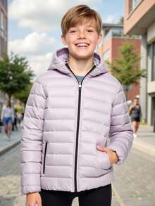 SHEIN Kids/Tween Boys' Thick Hooded Zip-Up Parka Coat, Casual Outerwear Suitable For School, Garden, Beach, Birthday, Spring, Summer, Autumn, Winter, Kids Winter Jacket, Kids Puffer Jacket Fall - Grey - View 1