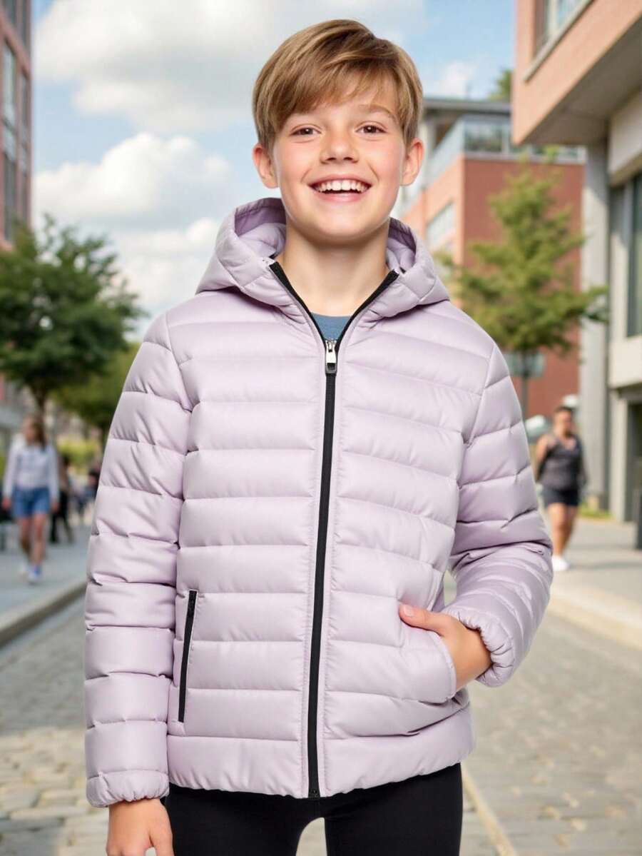 SHEIN Kids/Tween Boys' Thick Hooded Zip-Up Parka Coat, Casual Outerwear Suitable For School, Garden, Beach, Birthday, Spring, Summer, Autumn, Winter, Kids Winter Jacket, Kids Puffer Jacket Fall - Grey - View 1