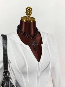 Amplova Chaqueta con capucha con cremallera completa de unicolor para mujer, uso casual diario - Blanco - Ver 5