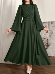 Modelyn 女士优雅纯色喇叭袖阿拉伯连衣裙，秋季长款晚礼服 - 軍綠色 - 查看 5