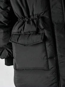 Girls' Padded Coat, Casual & Versatile, Hooded With Fur Collar Long Sleeve, Drawstring Waist, 2 Pockets, Resin Zipper Ribbed Cuffs, Suitable For School, Commuting, Outing In Autumn/Winter, Can Be Paired With Pants, Sweatpants, Hoodies, T-Shirts, Sweaters Fall - Black - View 4