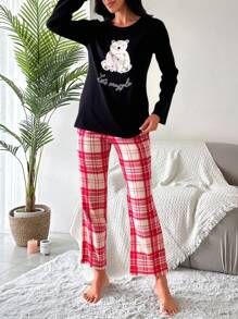 EURMUSE Damen Langarm-Top mit Buchstaben- und Cartoon-Bär-Muster und karierte Hose Pyjama Set