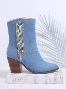 SHUZIA Rhinestone Decor Side Zipper Chunky Heeled Boots - Blue - View 4