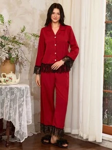 Côtesoire 法式优雅浪漫蕾丝拼接女士睡衣套装，秋季服装，圣诞节 - 酒紅色 - 查看 3