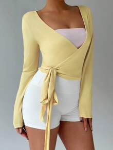 FavEase 女士粉色瑜伽健身运动高弹柔软裹身系带 V 领长袖短款紧身 T 恤，时尚简约休闲优雅基本百搭衣橱必备品，春秋季 - 黃色 - 查看 6