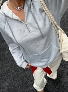 Muchica Grey Hooded Half Zip Fleece Sweatshirt For Women, Overseas Style, Long Sleeve, Fall/Winter - Multicolor - View 5